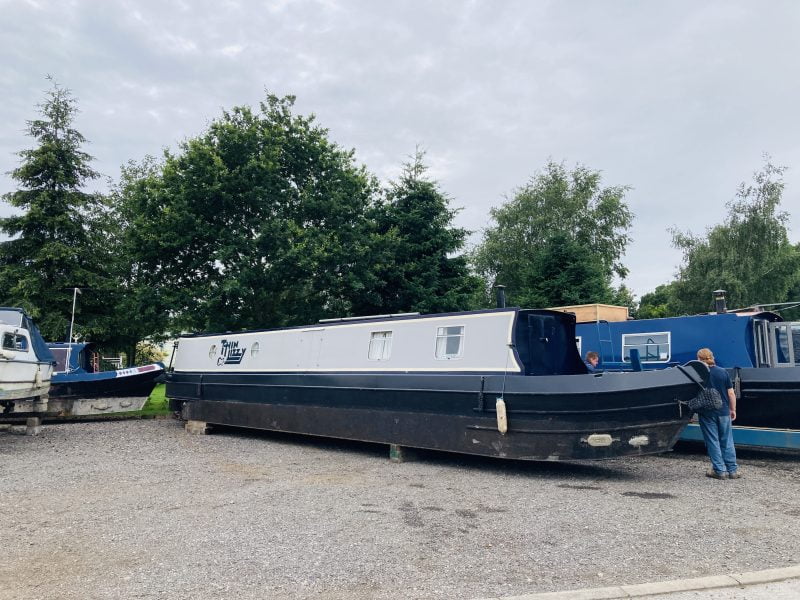 narrowboat lifted out and ready for hull survey