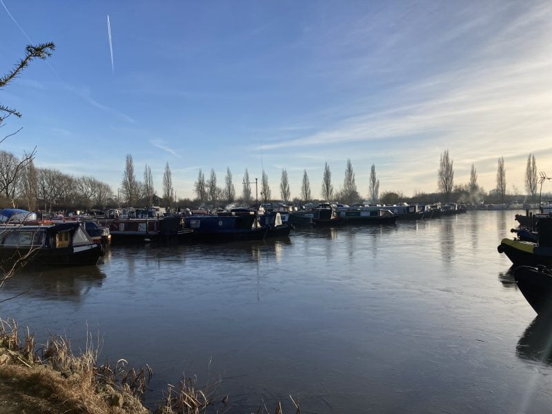narrowboats in frozen over sawley marina